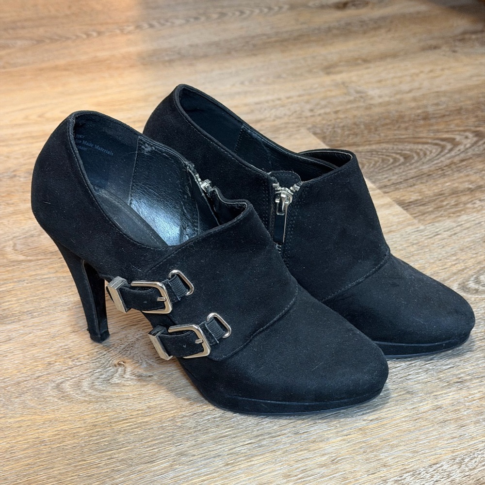 Kelly & Katie Black Suede Buckle Heel Booties